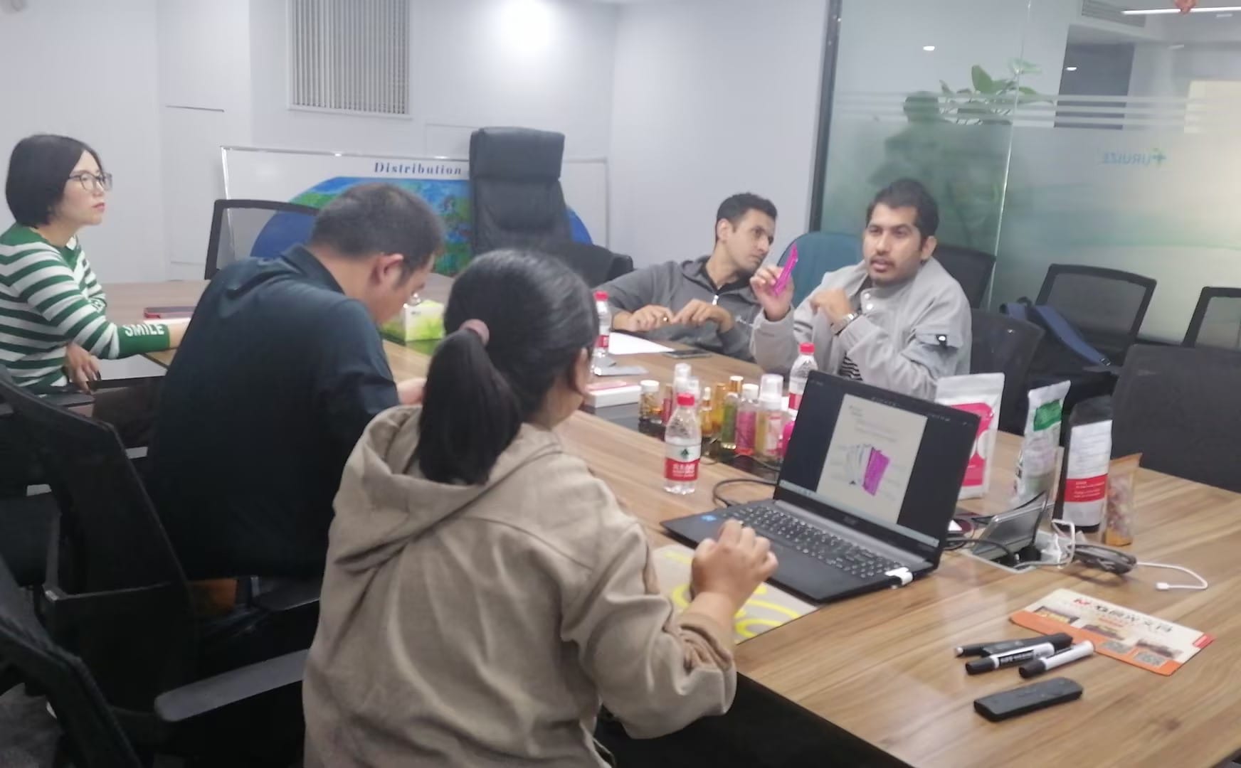 Continued office discussions on menstrual cup specifications, logistics planning, and certification documentation with our Pakistani visitors